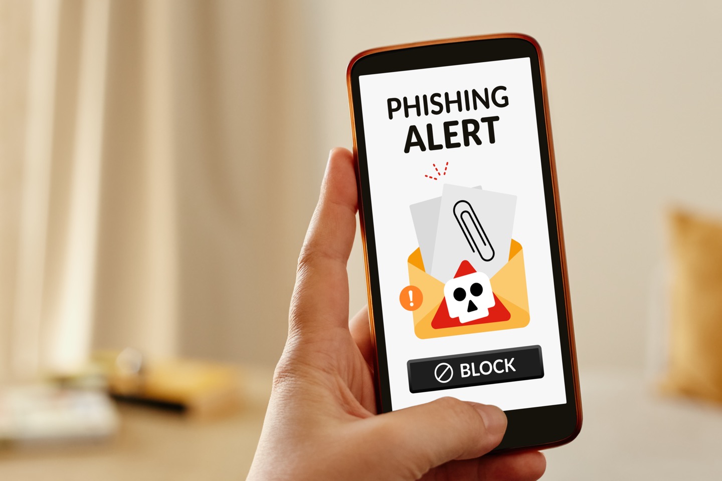 Hand hält ein Smartphone, auf dem eine Phishing-Warnung mit einem Briefumschlag, einem Totenkopf-Symbol und einem Block-Button angezeigt wird.
